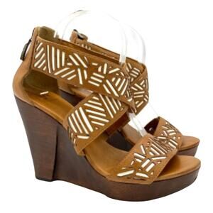 DIANE VON FURSTENBERG Tribal Opal Wedge Criss Cross Sandals Brown Beige 7.5 EUC